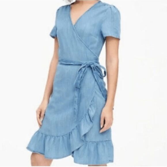 Gap Light Denim Chambray Ruffle Edge Light Wash Denim Wrap Dress - M - Picture 10 of 10